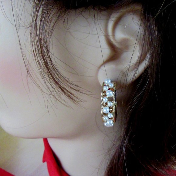 Pearl & rhinestone dangling & hoop earrings - 2 pr - Picture 8 of 11